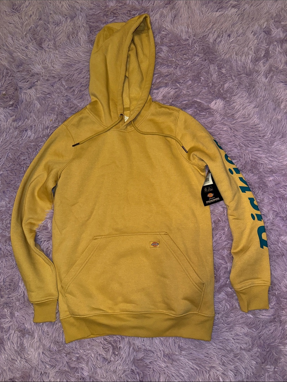 Dickies Mustard Yellow Hoodie with Teal Sleeve Text